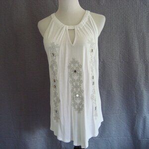 INC Halter Top Keyhole Front Back Embellished Pointed Hem White Silver sz L NWT